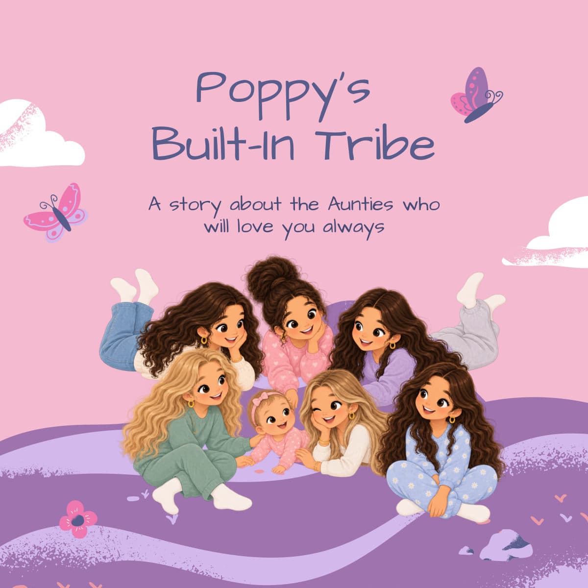 The cover of the example book: six grown-ups and a baby lying together on a purple hill under the title.