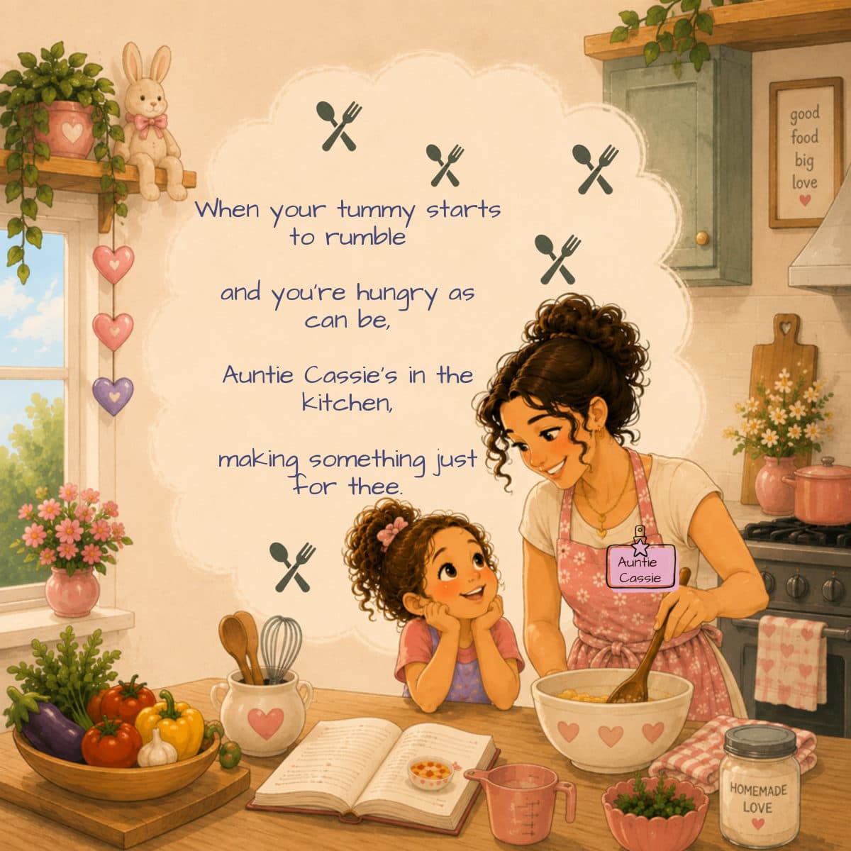 A page about one grown-up: baking in a warm kitchen while a young girl watches, with a rhyming verse.