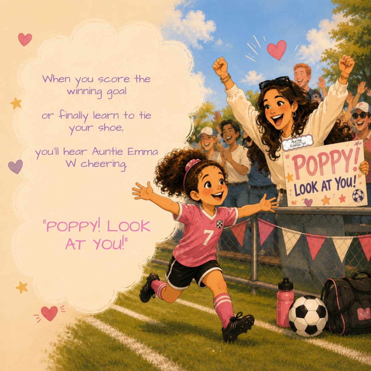 A page about another grown-up: cheering from the sideline of a sunny pitch as a girl in a red kit scores.